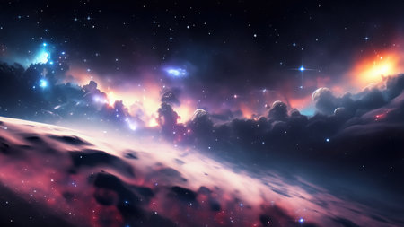 Fantasy space background with nebula and stars. 3D renderingの素材