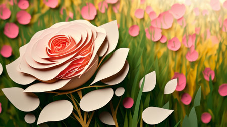 3d illustration of a white rose and pink hearts in the backgroundの素材