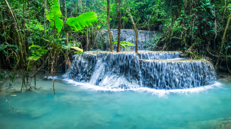 Deep forest waterfall at Erawan National Park, Kanchanaburi, Thailandの素材