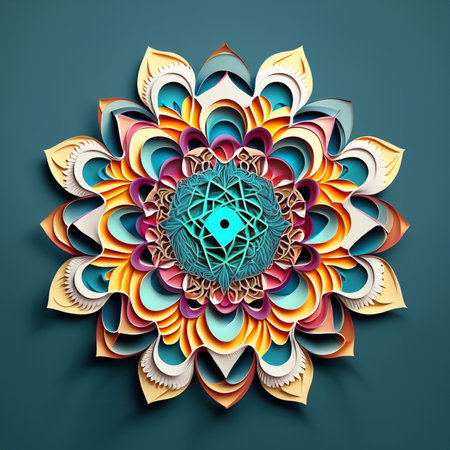 3d illustration of abstract fractal flower on blue background. Geometric design element.の素材