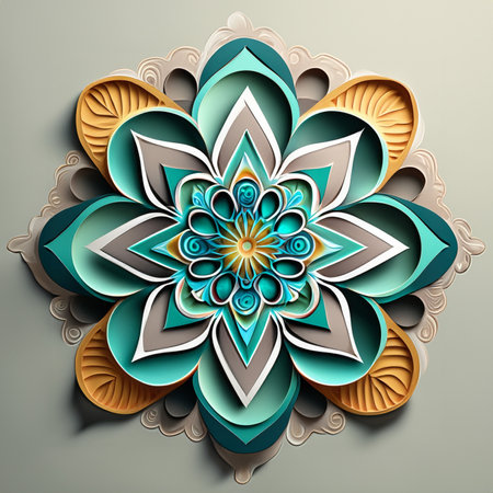 3d illustration of abstract geometric flower pattern in blue and beige colorsの素材