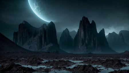 Fantasy alien planet. Mountain and moon. 3D illustration.の素材