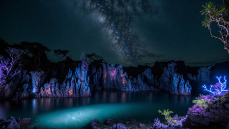 Milky Way over the turquoise waters of Khao Sok National Park, Thailandの素材