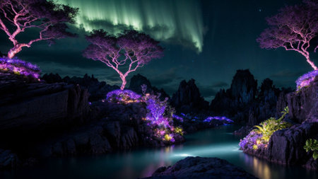 Aurora borealis over rocks in the night. northern lightsの素材