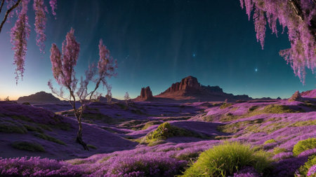 Fantastic starry sky over the purple meadow with blooming flowersの素材