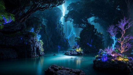 Fantastic night landscape with beautiful waterfalls and glowing neon lightsの素材