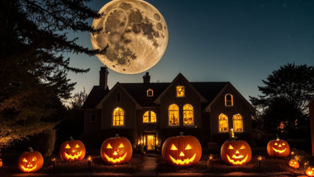 Halloween pumpkins in front of a haunted house with full moonの素材