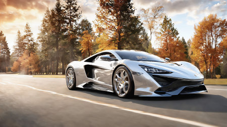 3D rendering of a brand-less generic concept car in the countrysideの素材