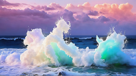 3d rendering of a surreal sea landscape with waves and splashesの素材