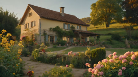 House in the garden at sunset. Vintage style, soft focus.の素材
