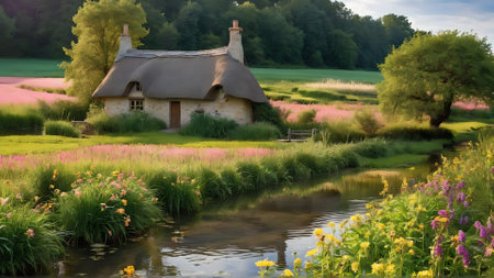 cottage in the middle of a meadow full of colorful flowersの素材