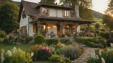 Beautiful house in the garden at sunset. vintage styleの素材