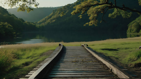 Wooden bridge over the lake in the morning. Beautiful landscape.の素材