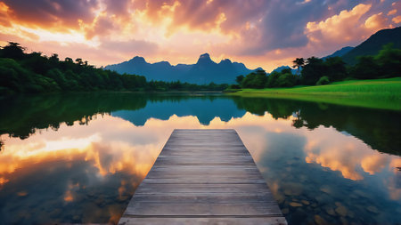 Landscape view of lake and mountain at sunset, Nature background.の素材