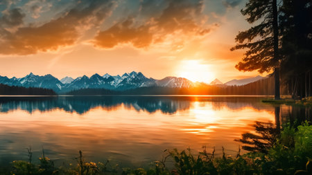 Sunset at the lake with mountains in the background, Washington.の素材
