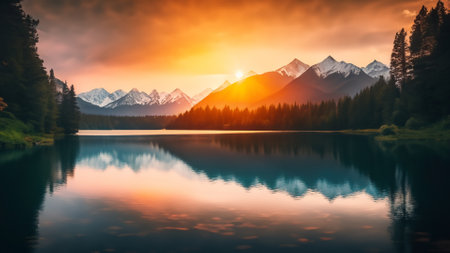 Mountain lake at sunset with reflection of mountains in the water.の素材