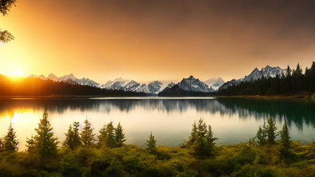 Sunset at the lake of Grand Teton National Park, Wyomingの素材