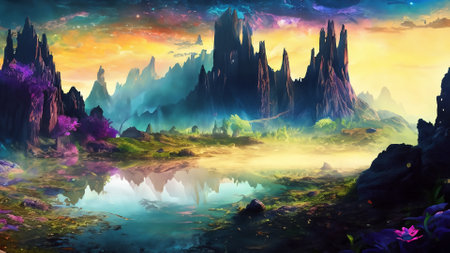 Fantasy landscape with lake, mountains and clouds. Digital painting.の素材