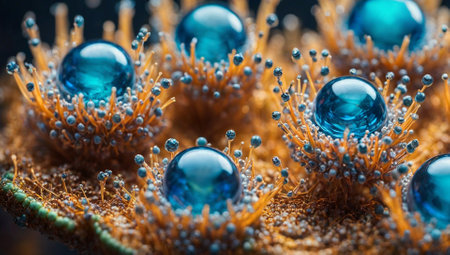3d illustration of a microscopic closeup of a brain cell with blue spheres insideの素材