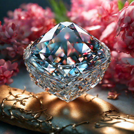 jewelry diamond on a blue background with pink flowers close upの素材
