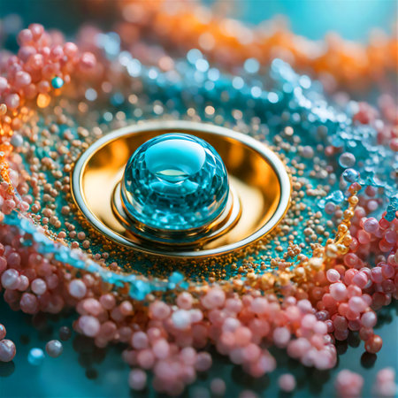 Blue glass ball and beads on a blue background. 3d renderingの素材