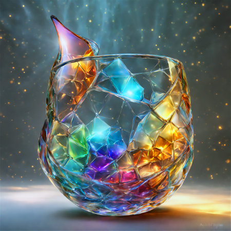 crystal wine glass with colorful reflections on the background of the night skyの素材