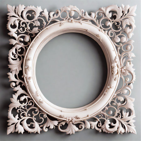 Classic frame with ornament decor on the wall. Vintage style decorative element for design.の素材