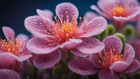 Close up of pink flowers with water droplets on petals.の素材