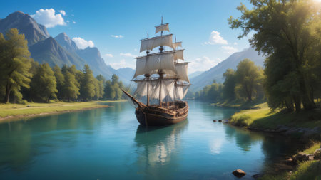 Sailing ship on the river in the mountains. 3d renderingの素材