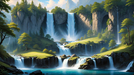 Waterfall in the forest. Nature landscape background. Digital painting.の素材
