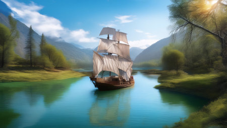 Sailing ship in the river. 3D rendering. illustrationの素材