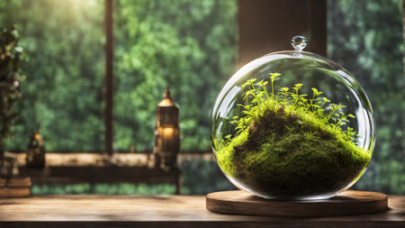 Glass dome with green plants inside on wooden table and blurred background.の素材