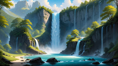 Beautiful waterfall in the mountains. Waterfall in the forest.の素材