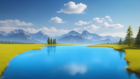 Mountain lake with blue sky and clouds. 3D rendering.の素材