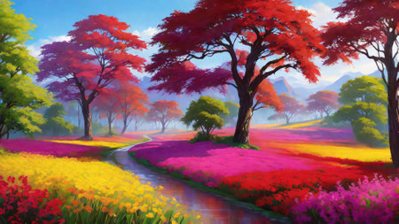 Colorful spring landscape with colorful flowers and river. Digital painting.の素材