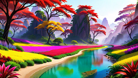 Fantasy landscape with a river and colorful flowers. 3d renderingの素材
