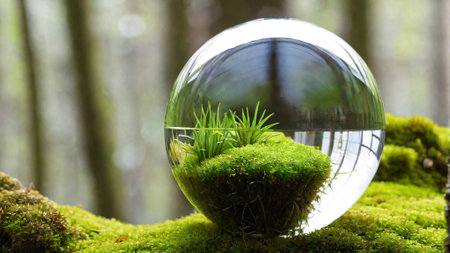 Crystal ball with grass and moss on a mossy forest floor.の素材