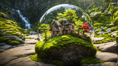 Crystal ball with wooden house on green moss and forest background. Eco conceptの素材