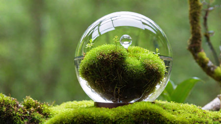 Crystal ball with moss and ferns in the rainforest.の素材