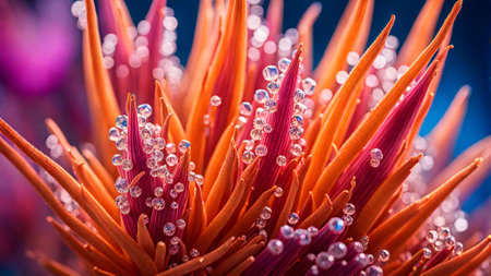 Close up of water droplets on orange and purple flower petalsの素材