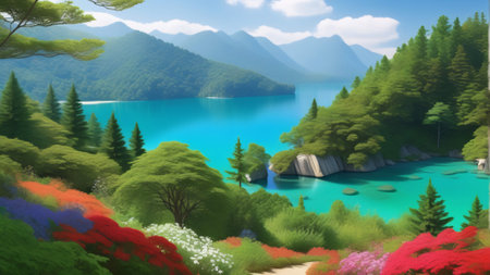 3d rendering of a lake surrounded by forest and mountains with flowersの素材