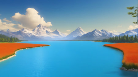 Beautiful landscape with lake and mountains in the background. 3d renderingの素材