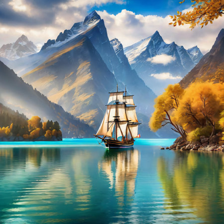 Sailing boat on the lake. Beautiful autumn landscape with mountains.の素材