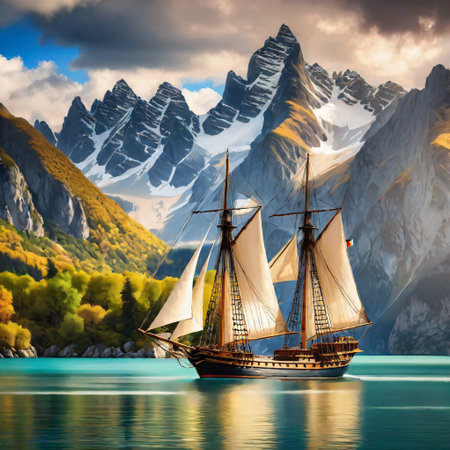 Sailing ship on the background of mountains. 3D illustration.の素材