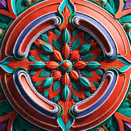 3D render of plastic background tile with embossed abstract colorful ornamentの素材
