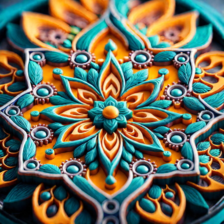 Colorful Indian Mandala on wooden background, Thailand. Selective focus.の素材