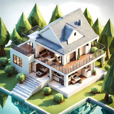 3d rendering of modern cozy house in chalet style with garage and pool for sale or rent. Clear sunny summer day with blue sky. With many green trees on the lawn.の素材