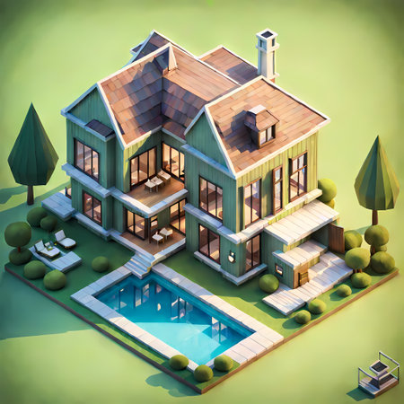 3d isometric modern cozy house with pool and parking for two or one person.の素材