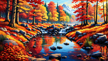 Autumn landscape with river and forest in the background. Vector illustration.の素材