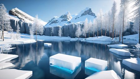 Winter landscape with frozen lake and mountains in the background. 3d renderingの素材